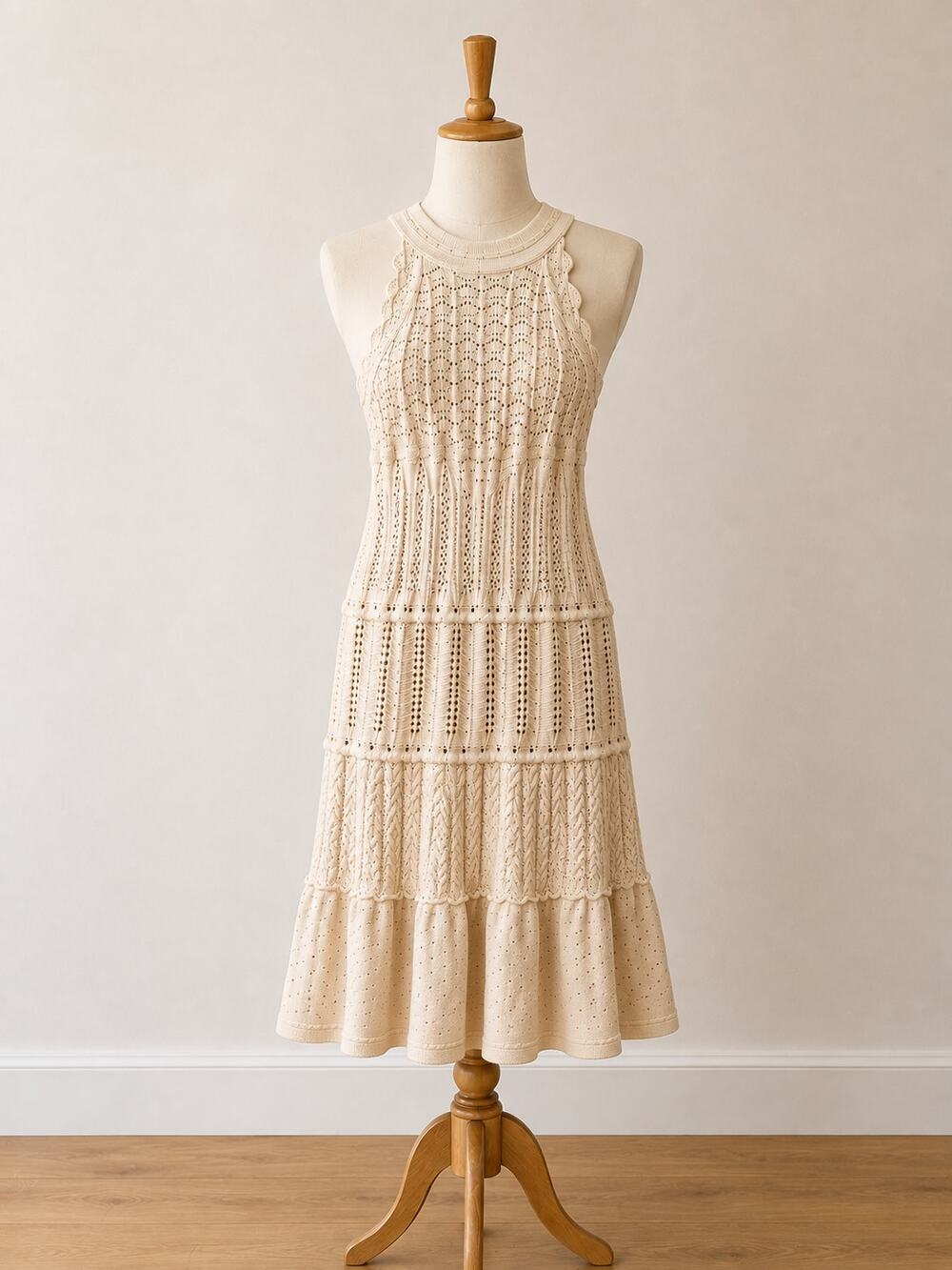 Moda International Crochet Cream Cotton Knit Boho Dress Size Small Vintage 2003